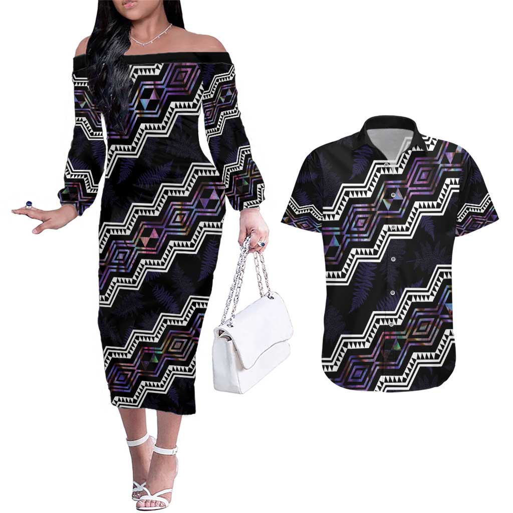 Personalised Taniko Aotearoa Mix Paua Shell Couples Matching Off The Shoulder Long Sleeve Dress and Hawaiian Shirt Niho Taniwha Lilac Glitter