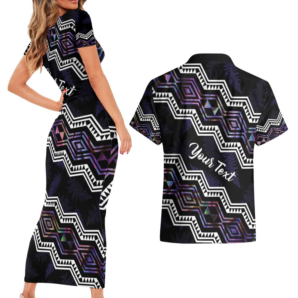 Personalised Taniko Aotearoa Mix Paua Shell Couples Matching Short Sleeve Bodycon Dress and Hawaiian Shirt Niho Taniwha Lilac Glitter