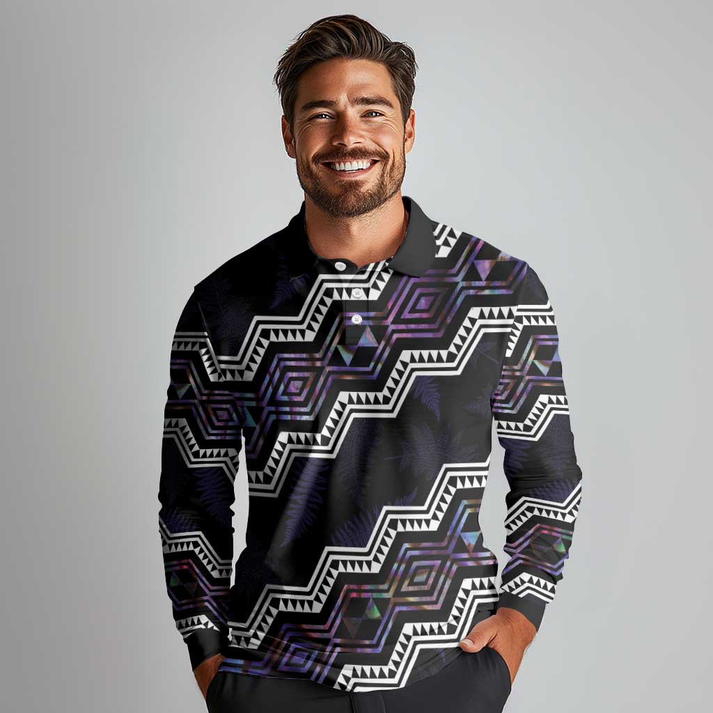 Personalised Taniko Aotearoa Mix Paua Shell Long Sleeve Polo Shirt Niho Taniwha Lilac Glitter LT01 - Polynesian Pride