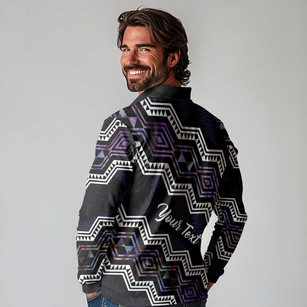 Personalised Taniko Aotearoa Mix Paua Shell Long Sleeve Polo Shirt Niho Taniwha Lilac Glitter LT01 - Polynesian Pride