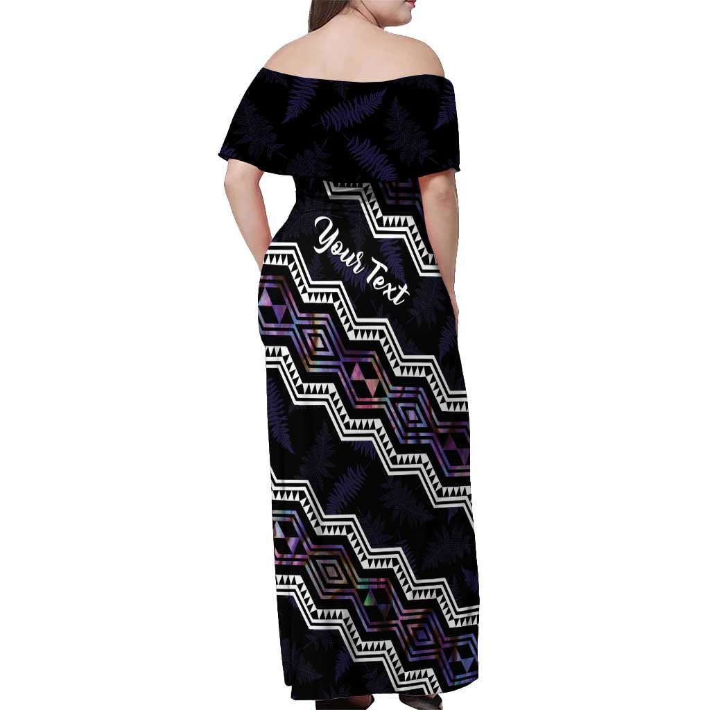 Personalised Taniko Aotearoa Mix Paua Shell Off Shoulder Maxi Dress Niho Taniwha Lilac Glitter LT01 - Polynesian Pride