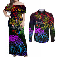 Wellington Pride Couples Matching Off Shoulder Maxi Dress and Long Sleeve Button Shirt Aotearoa Tribal Rainbow Pattern LT01 Black - Polynesian Pride