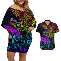Wellington Pride Couples Matching Off Shoulder Short Dress and Hawaiian Shirt Aotearoa Tribal Rainbow Pattern LT01 Black - Polynesian Pride