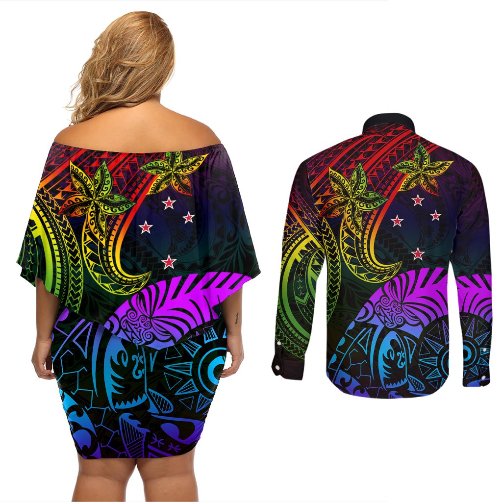 Wellington Pride Couples Matching Off Shoulder Short Dress and Long Sleeve Button Shirt Aotearoa Tribal Rainbow Pattern LT01 - Polynesian Pride