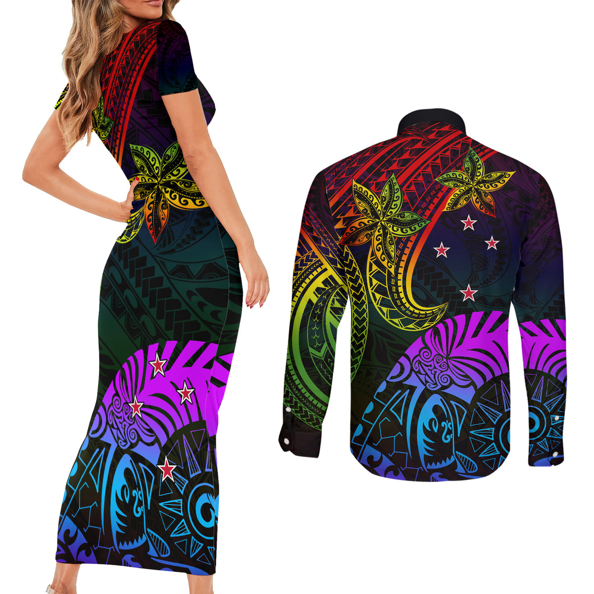 Wellington Pride Couples Matching Short Sleeve Bodycon Dress and Long Sleeve Button Shirt Aotearoa Tribal Rainbow Pattern LT01 - Polynesian Pride
