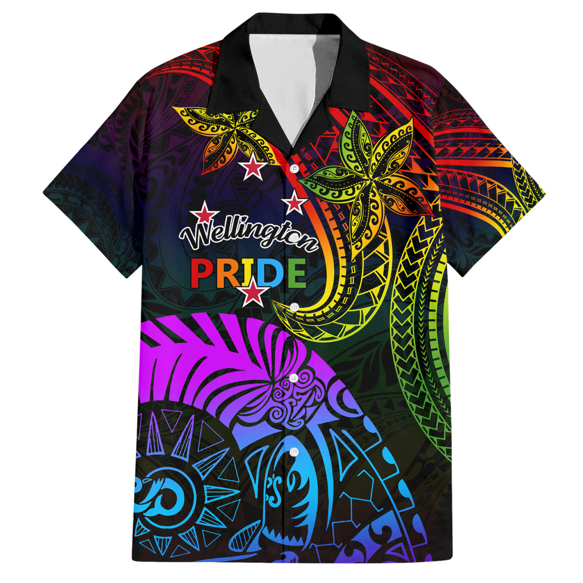 Wellington Pride Family Matching Short Sleeve Bodycon Dress and Hawaiian Shirt Aotearoa Tribal Rainbow Pattern LT01 Dad's Shirt - Short Sleeve Black - Polynesian Pride