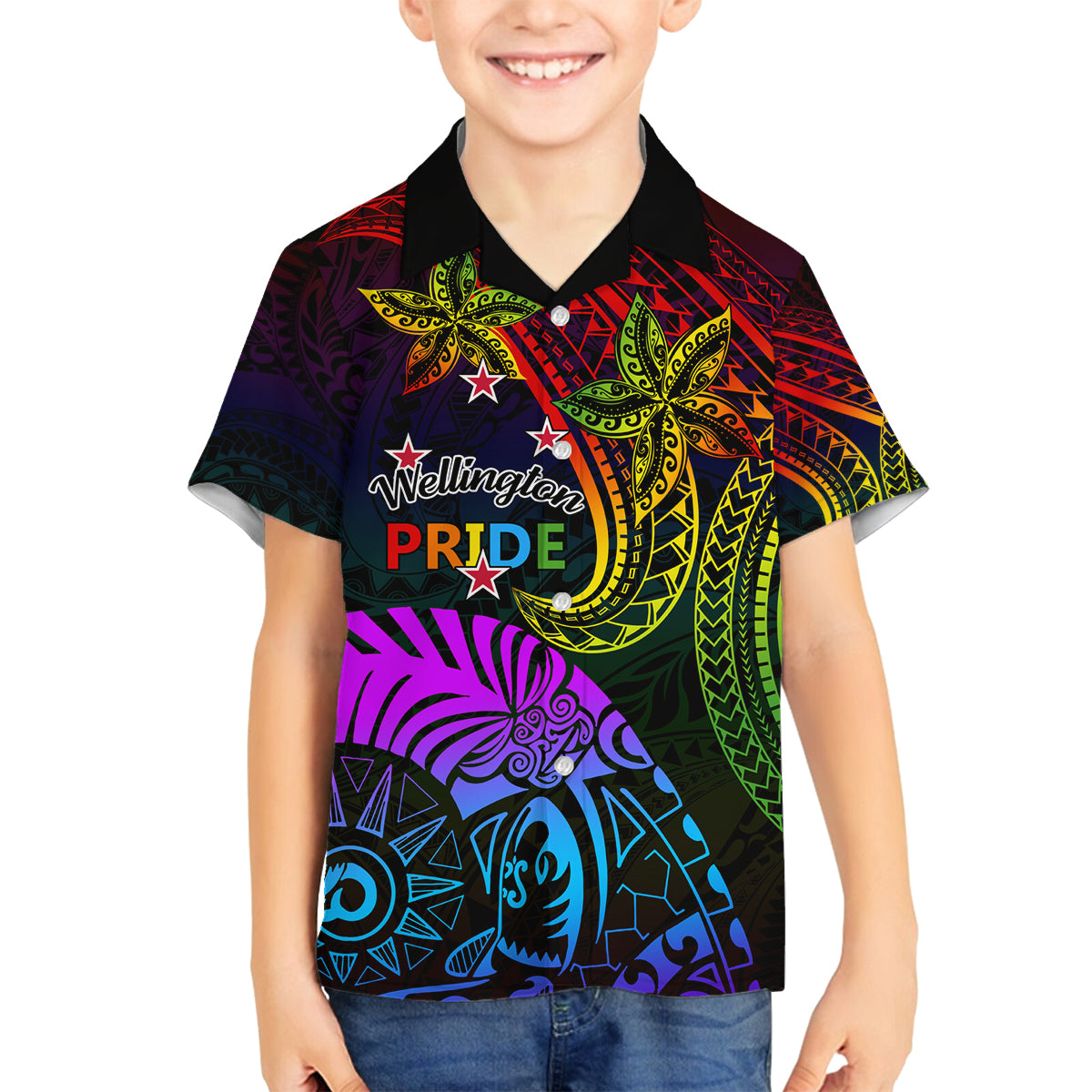 Wellington Pride Family Matching Summer Maxi Dress and Hawaiian Shirt Aotearoa Tribal Rainbow Pattern LT01 Son's Shirt Black - Polynesian Pride