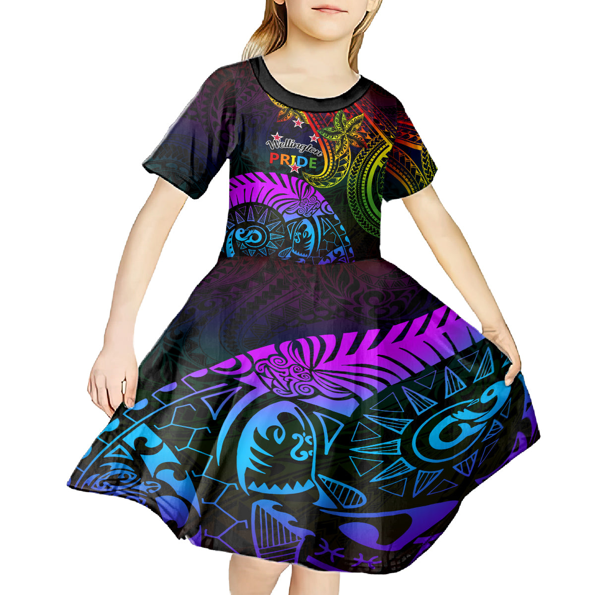 Wellington Pride Kid Short Sleeve Dress Aotearoa Tribal Rainbow Pattern LT01 - Polynesian Pride