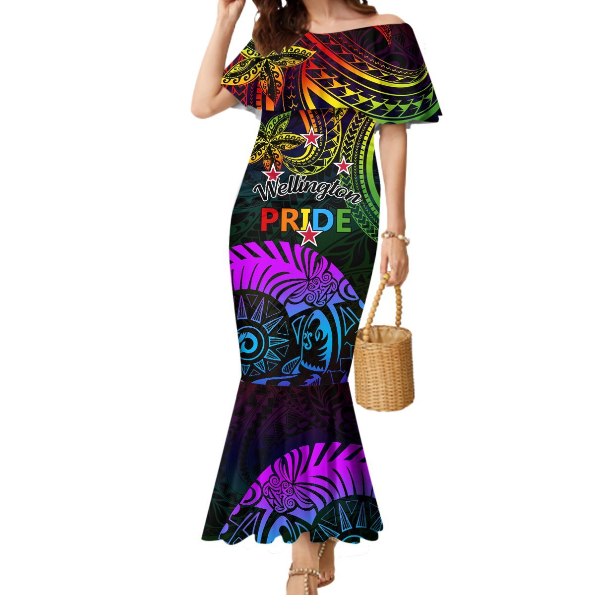 Wellington Pride Mermaid Dress Aotearoa Tribal Rainbow Pattern LT01 Women Black - Polynesian Pride