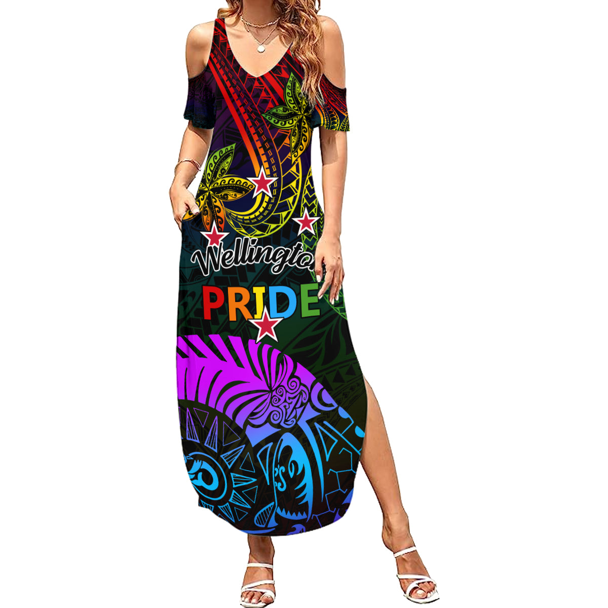 Wellington Pride Summer Maxi Dress Aotearoa Tribal Rainbow Pattern LT01 Women Black - Polynesian Pride