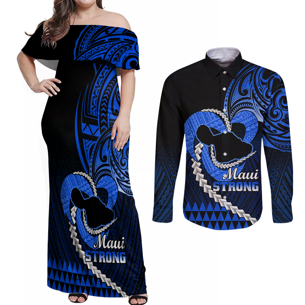 Personalised Hawaii Couples Matching Off Shoulder Maxi Dress and Long Sleeve Button Shirts Maui Be Strong Kakau Blue Version LT01 Blue - Polynesian Pride