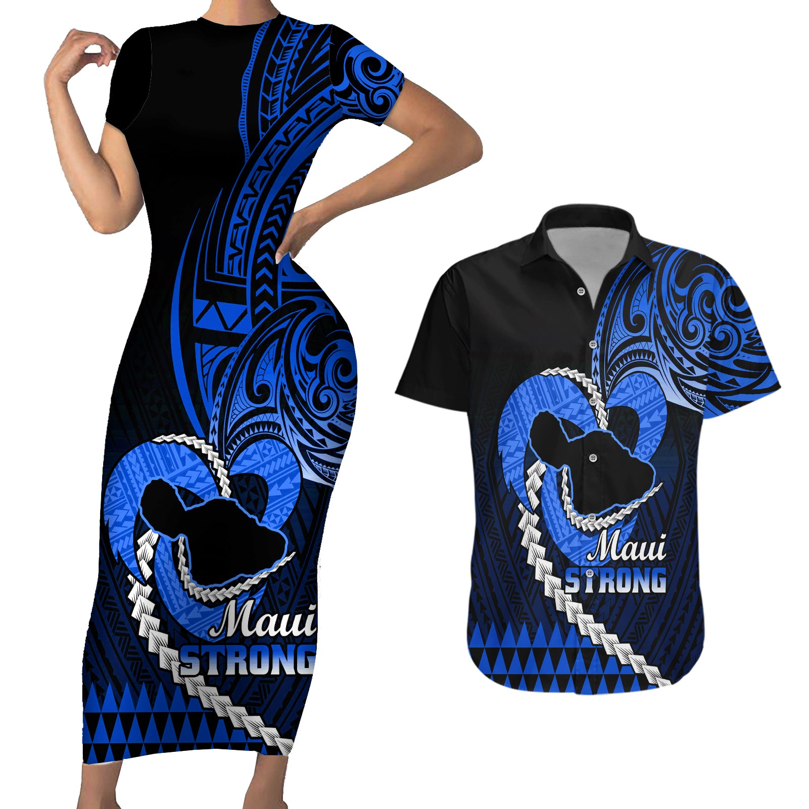 Personalised Hawaii Couples Matching Short Sleeve Bodycon Dress and Hawaiian Shirt Maui Be Strong Kakau Blue Version LT01 Blue - Polynesian Pride