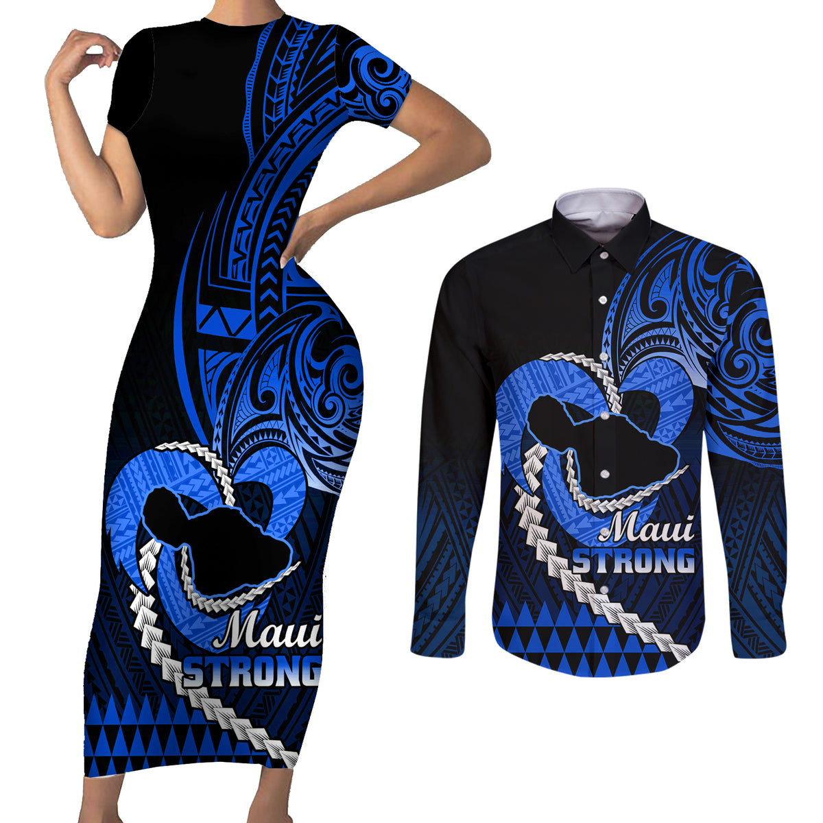 Personalised Hawaii Couples Matching Short Sleeve Bodycon Dress and Long Sleeve Button Shirts Maui Be Strong Kakau Blue Version LT01 Blue - Polynesian Pride