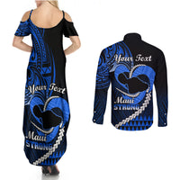 Personalised Hawaii Couples Matching Summer Maxi Dress and Long Sleeve Button Shirts Maui Be Strong Kakau Blue Version LT01 - Polynesian Pride