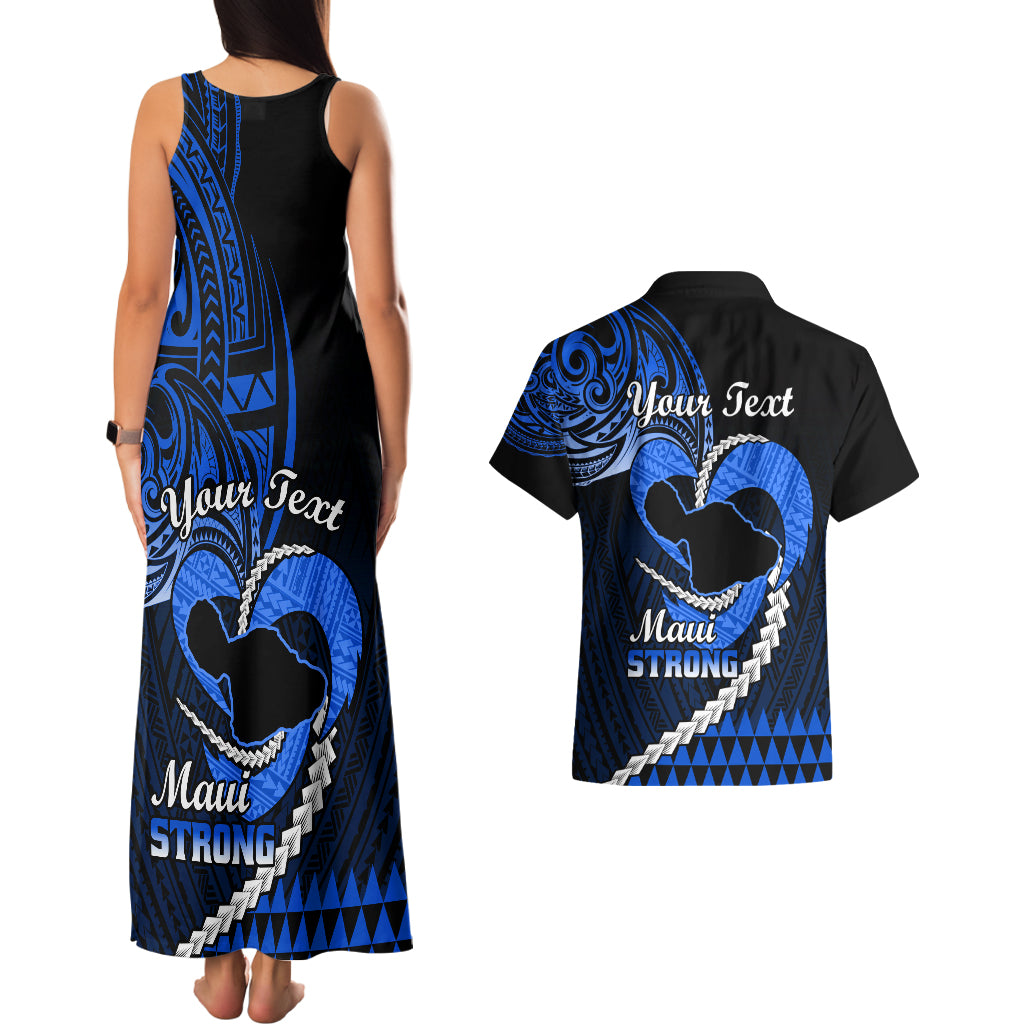 Personalised Hawaii Couples Matching Tank Maxi Dress and Hawaiian Shirt Maui Be Strong Kakau Blue Version LT01 - Polynesian Pride