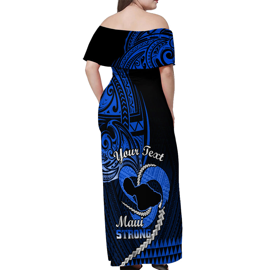 Personalised Hawaii Off Shoulder Maxi Dress Maui Be Strong Kakau Blue Version LT01 - Polynesian Pride