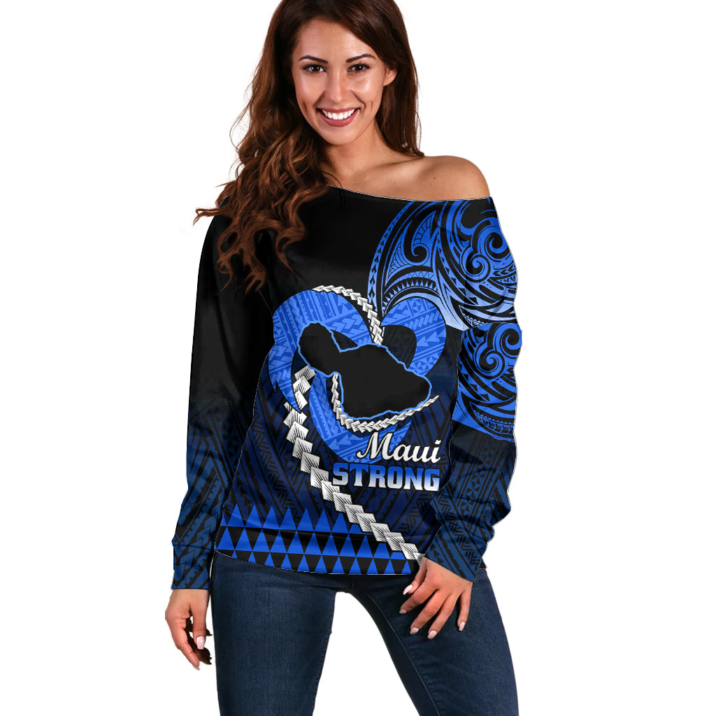 Personalised Hawaii Off Shoulder Sweater Maui Be Strong Kakau Blue Version LT01 Women Blue - Polynesian Pride