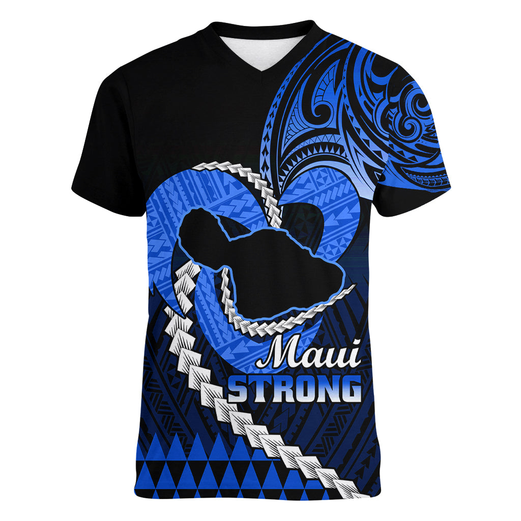 Personalised Hawaii Women V Neck T Shirt Maui Be Strong Kakau Blue Version LT01 Female Blue - Polynesian Pride
