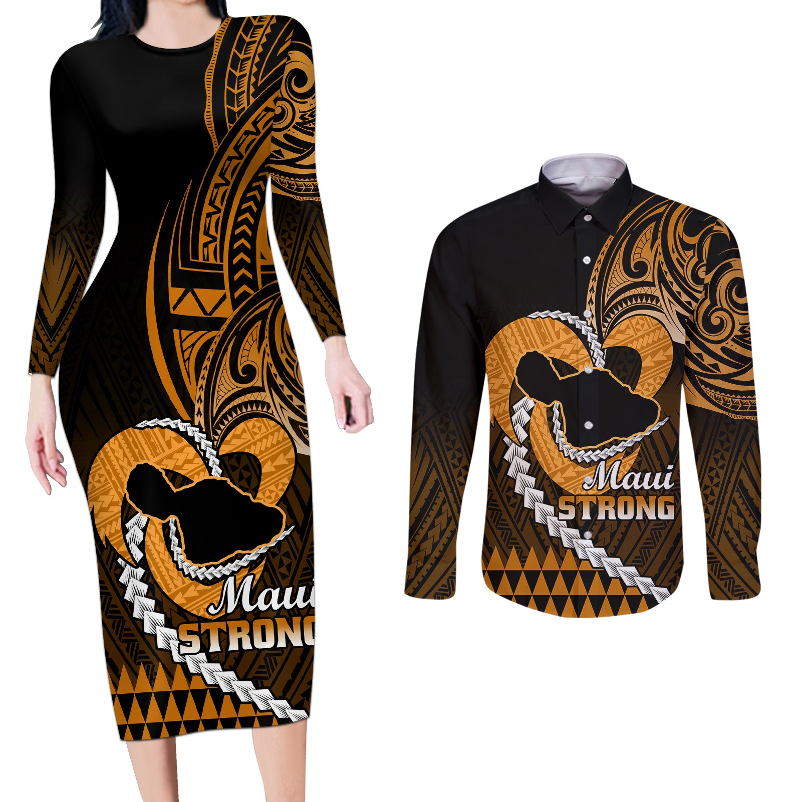 Personalised Hawaii Couples Matching Long Sleeve Bodycon Dress and Long Sleeve Button Shirts Maui Be Strong Kakau Gold Version LT01 Gold - Polynesian Pride