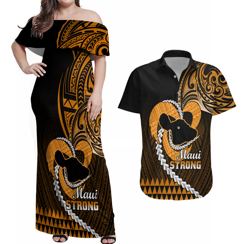 Personalised Hawaii Couples Matching Off Shoulder Maxi Dress and Hawaiian Shirt Maui Be Strong Kakau Gold Version LT01 Gold - Polynesian Pride