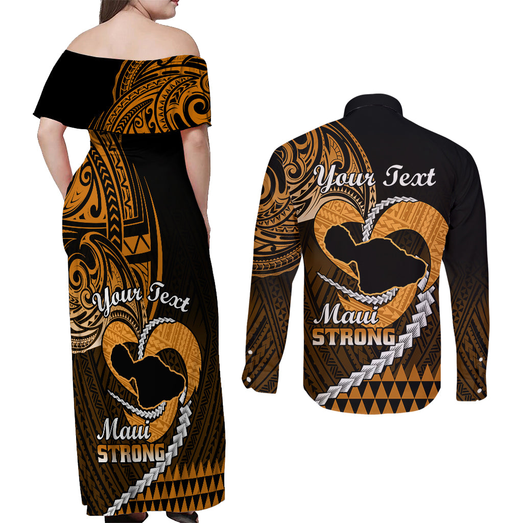 Personalised Hawaii Couples Matching Off Shoulder Maxi Dress and Long Sleeve Button Shirts Maui Be Strong Kakau Gold Version LT01 - Polynesian Pride