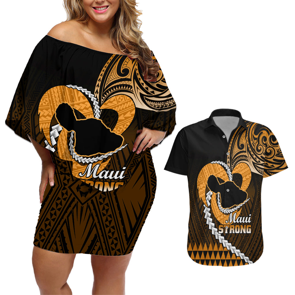 Personalised Hawaii Couples Matching Off Shoulder Short Dress and Hawaiian Shirt Maui Be Strong Kakau Gold Version LT01 Gold - Polynesian Pride