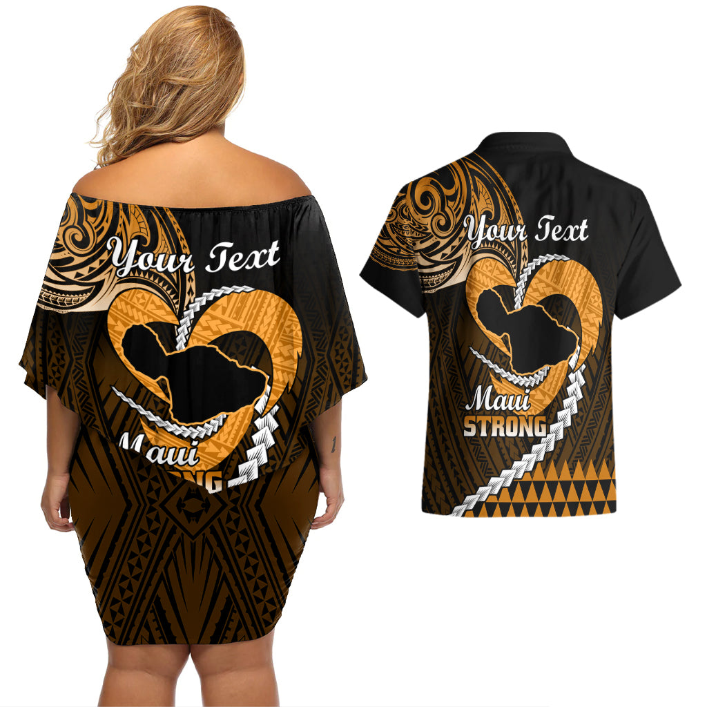 Personalised Hawaii Couples Matching Off Shoulder Short Dress and Hawaiian Shirt Maui Be Strong Kakau Gold Version LT01 - Polynesian Pride