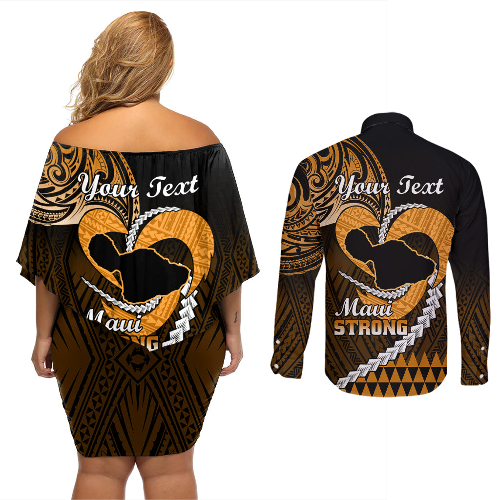Personalised Hawaii Couples Matching Off Shoulder Short Dress and Long Sleeve Button Shirts Maui Be Strong Kakau Gold Version LT01 - Polynesian Pride