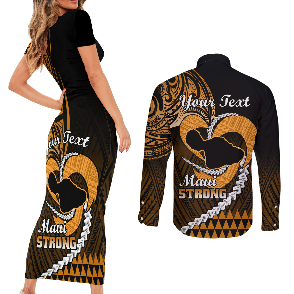 Personalised Hawaii Couples Matching Short Sleeve Bodycon Dress and Long Sleeve Button Shirts Maui Be Strong Kakau Gold Version LT01 - Polynesian Pride