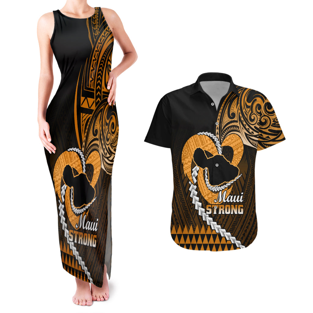 Personalised Hawaii Couples Matching Tank Maxi Dress and Hawaiian Shirt Maui Be Strong Kakau Gold Version LT01 Gold - Polynesian Pride