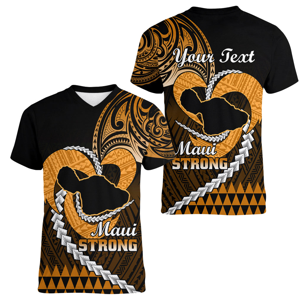 Personalised Hawaii Women V Neck T Shirt Maui Be Strong Kakau Gold Version LT01 - Polynesian Pride