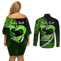 Personalised Hawaii Couples Matching Off Shoulder Short Dress and Long Sleeve Button Shirts Maui Be Strong Kakau Green Version LT01 - Polynesian Pride