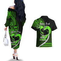 Personalised Hawaii Couples Matching Off The Shoulder Long Sleeve Dress and Hawaiian Shirt Maui Be Strong Kakau Green Version LT01 - Polynesian Pride