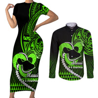 Personalised Hawaii Couples Matching Short Sleeve Bodycon Dress and Long Sleeve Button Shirts Maui Be Strong Kakau Green Version LT01 Green - Polynesian Pride