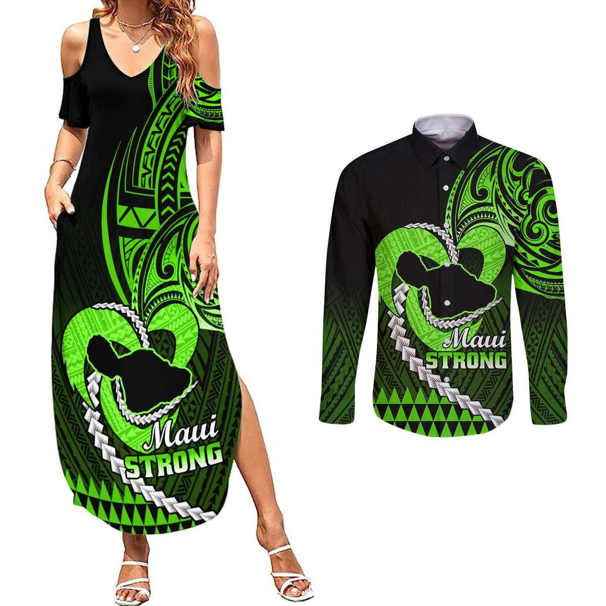 Personalised Hawaii Couples Matching Summer Maxi Dress and Long Sleeve Button Shirts Maui Be Strong Kakau Green Version LT01 Green - Polynesian Pride