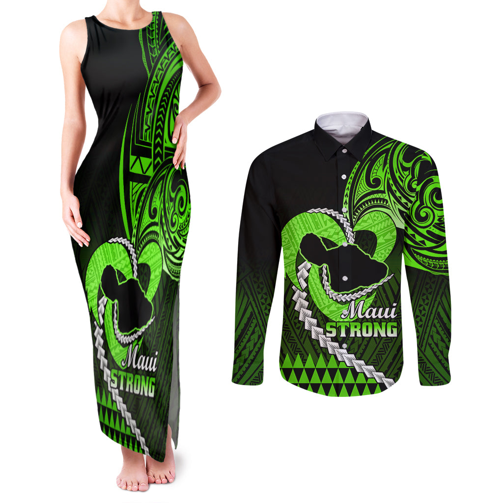Personalised Hawaii Couples Matching Tank Maxi Dress and Long Sleeve Button Shirts Maui Be Strong Kakau Green Version LT01 Green - Polynesian Pride