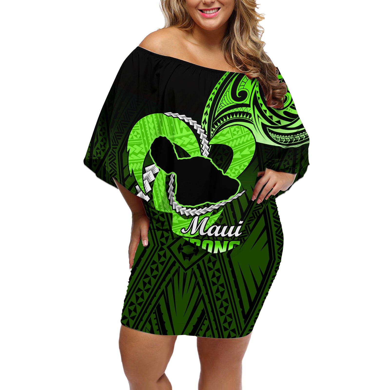 Personalised Hawaii Off Shoulder Short Dress Maui Be Strong Kakau Green Version LT01 Women Green - Polynesian Pride