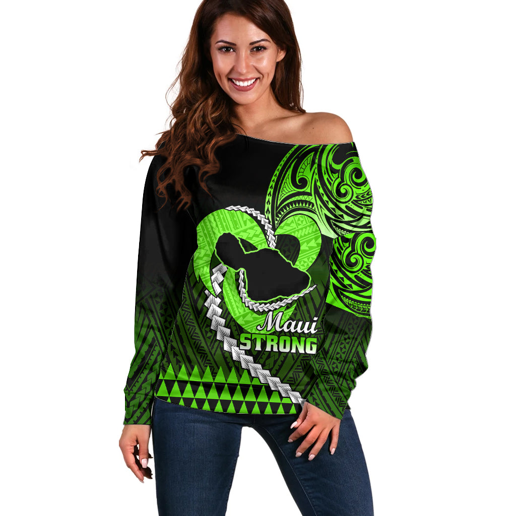 Personalised Hawaii Off Shoulder Sweater Maui Be Strong Kakau Green Version LT01 Women Green - Polynesian Pride