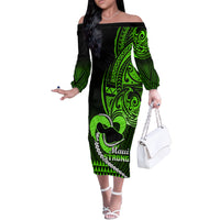 Personalised Hawaii Off The Shoulder Long Sleeve Dress Maui Be Strong Kakau Green Version LT01 Women Green - Polynesian Pride