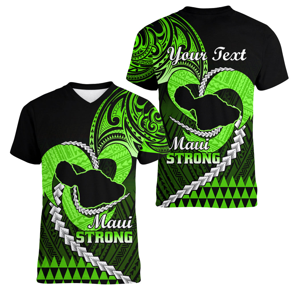 Personalised Hawaii Women V Neck T Shirt Maui Be Strong Kakau Green Version LT01 - Polynesian Pride
