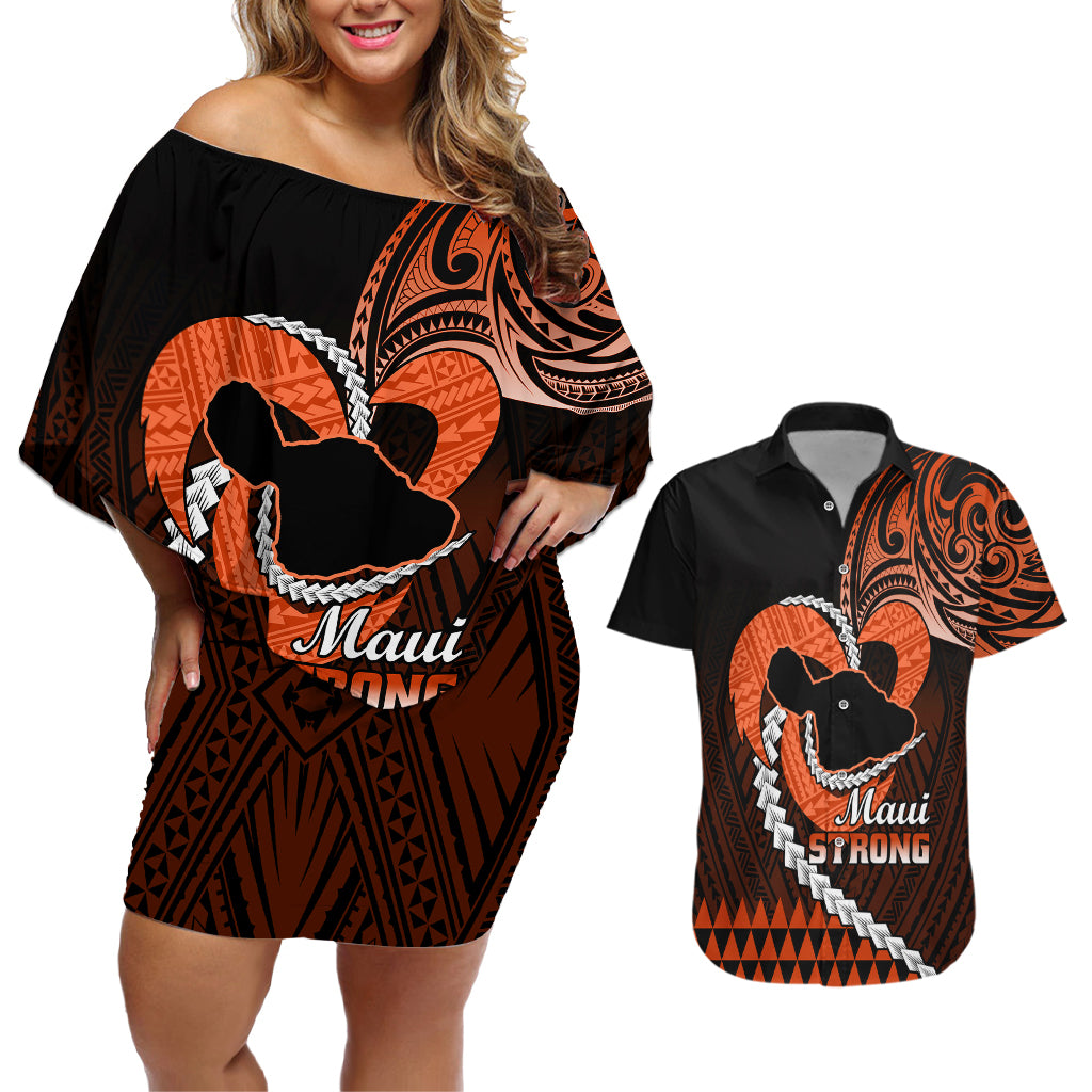 Personalised Hawaii Couples Matching Off Shoulder Short Dress and Hawaiian Shirt Maui Be Strong Kakau Orange Version LT01 Orange - Polynesian Pride