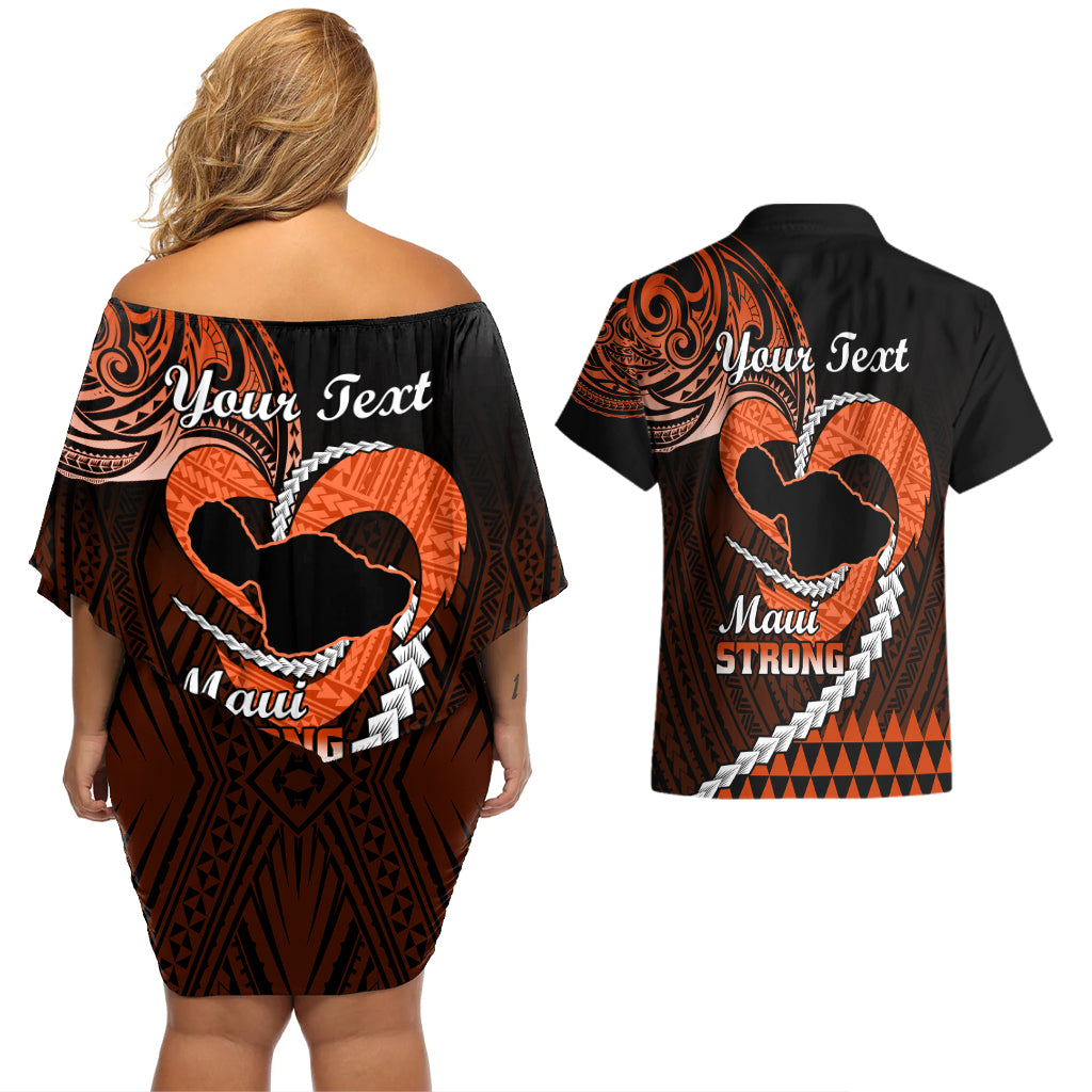 Personalised Hawaii Couples Matching Off Shoulder Short Dress and Hawaiian Shirt Maui Be Strong Kakau Orange Version LT01 - Polynesian Pride