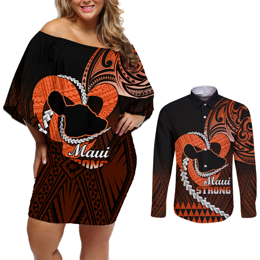 Personalised Hawaii Couples Matching Off Shoulder Short Dress and Long Sleeve Button Shirts Maui Be Strong Kakau Orange Version LT01 Orange - Polynesian Pride