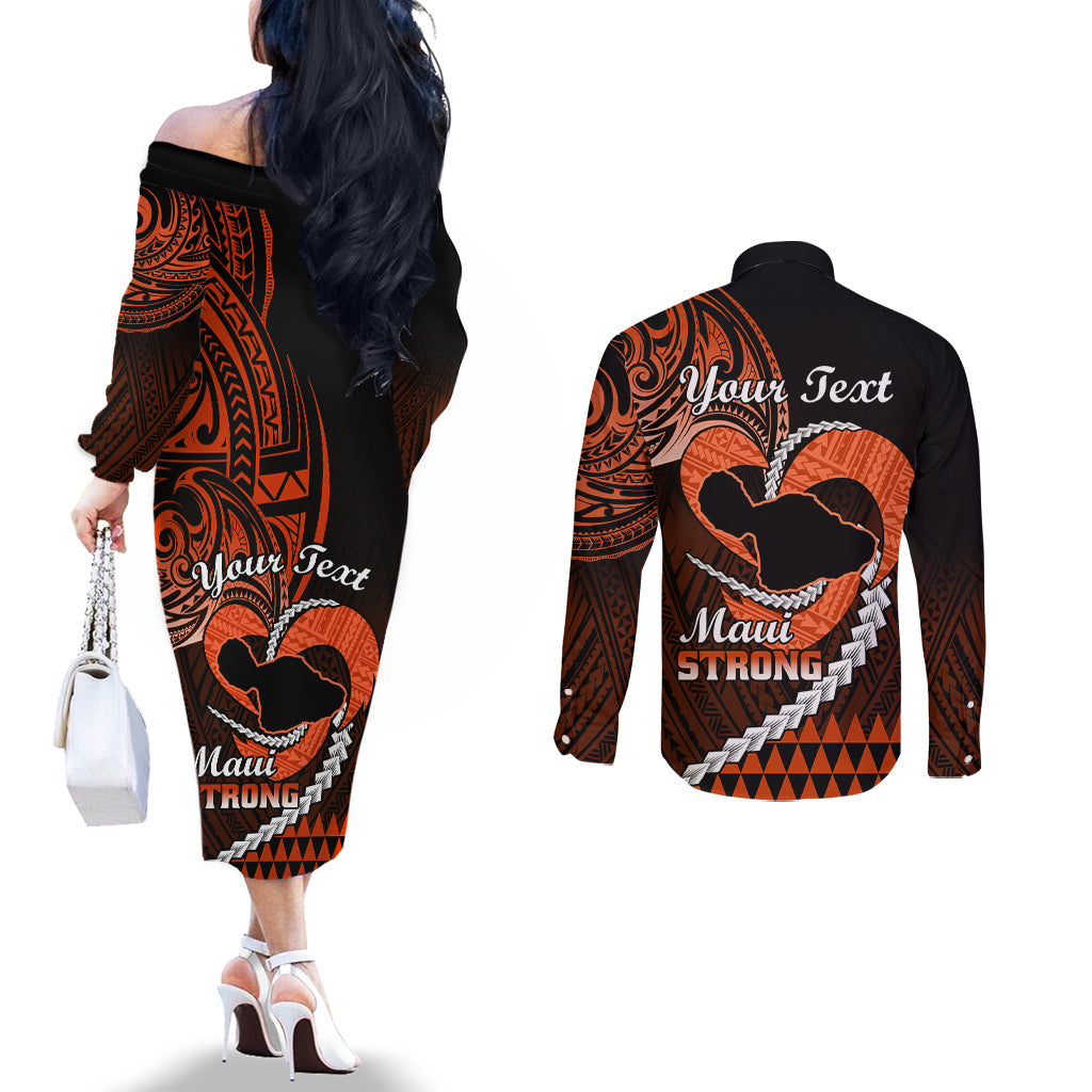 Personalised Hawaii Couples Matching Off The Shoulder Long Sleeve Dress and Long Sleeve Button Shirts Maui Be Strong Kakau Orange Version LT01 - Polynesian Pride