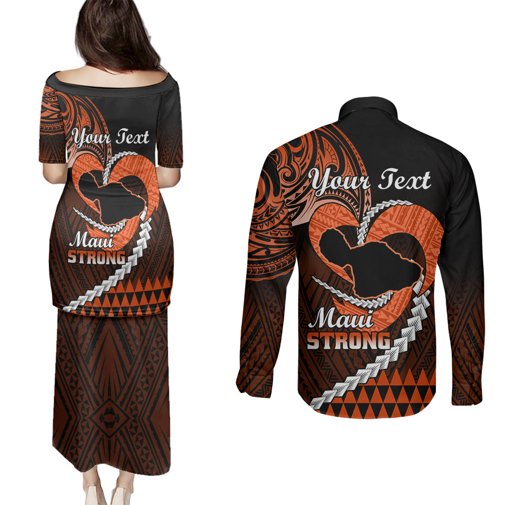 Personalised Hawaii Couples Matching Puletasi Dress and Long Sleeve Button Shirts Maui Be Strong Kakau Orange Version LT01 - Polynesian Pride