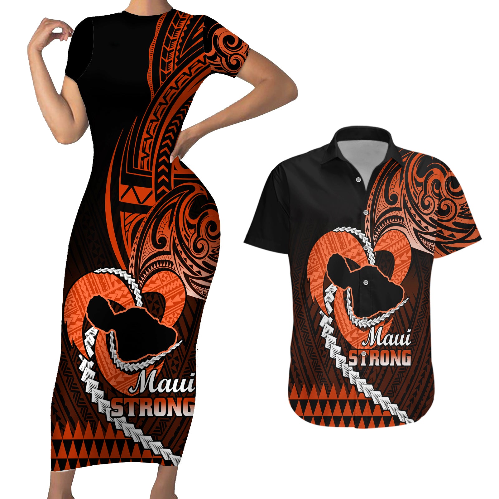 Personalised Hawaii Couples Matching Short Sleeve Bodycon Dress and Hawaiian Shirt Maui Be Strong Kakau Orange Version LT01 Orange - Polynesian Pride