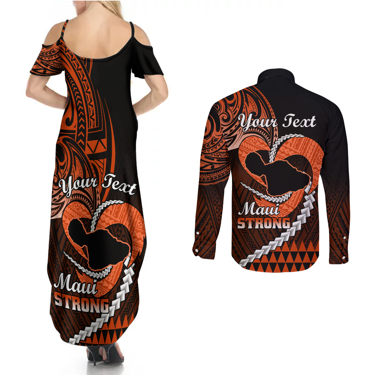 Personalised Hawaii Couples Matching Summer Maxi Dress and Long Sleeve Button Shirts Maui Be Strong Kakau Orange Version LT01 - Polynesian Pride