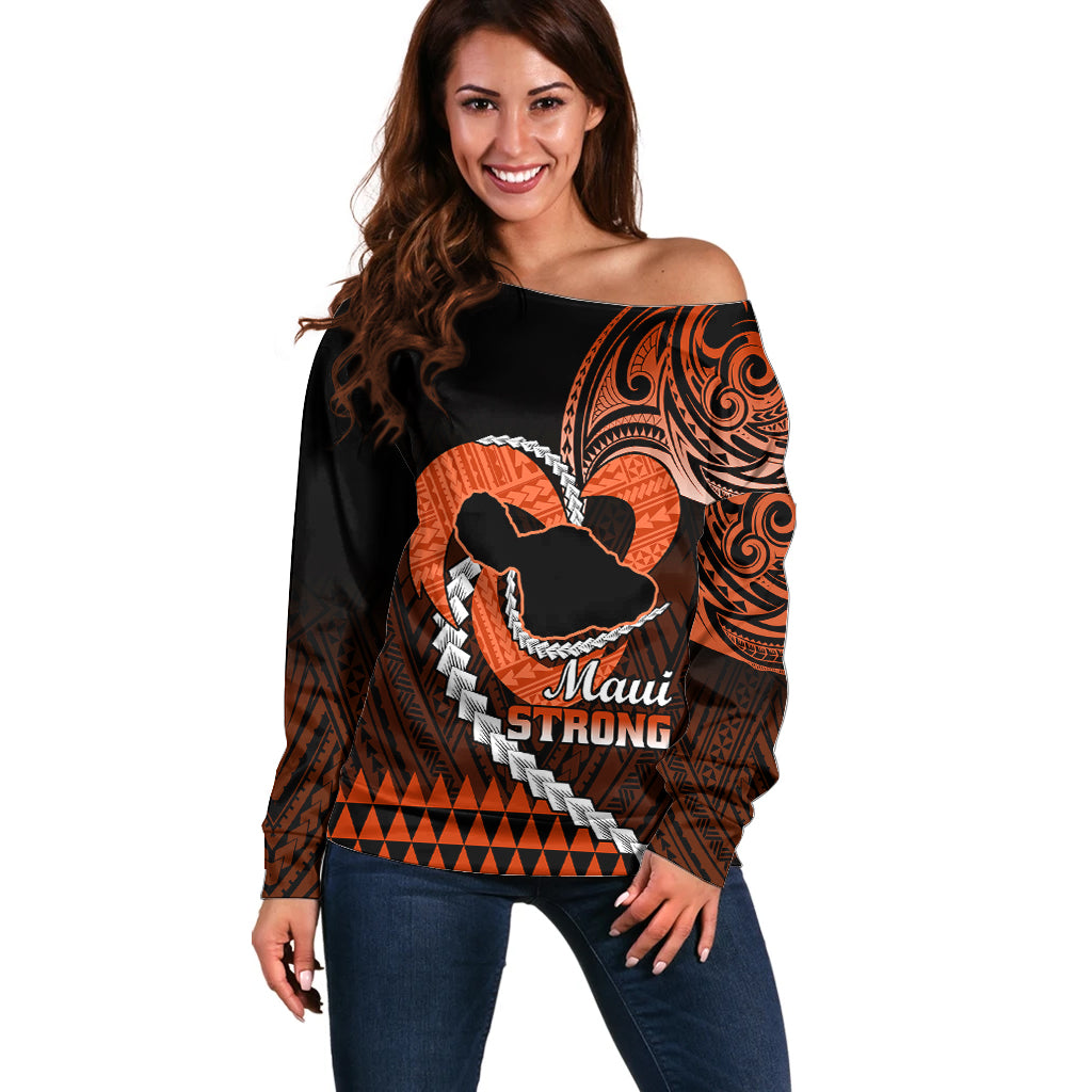 Personalised Hawaii Off Shoulder Sweater Maui Be Strong Kakau Orange Version LT01 Women Orange - Polynesian Pride