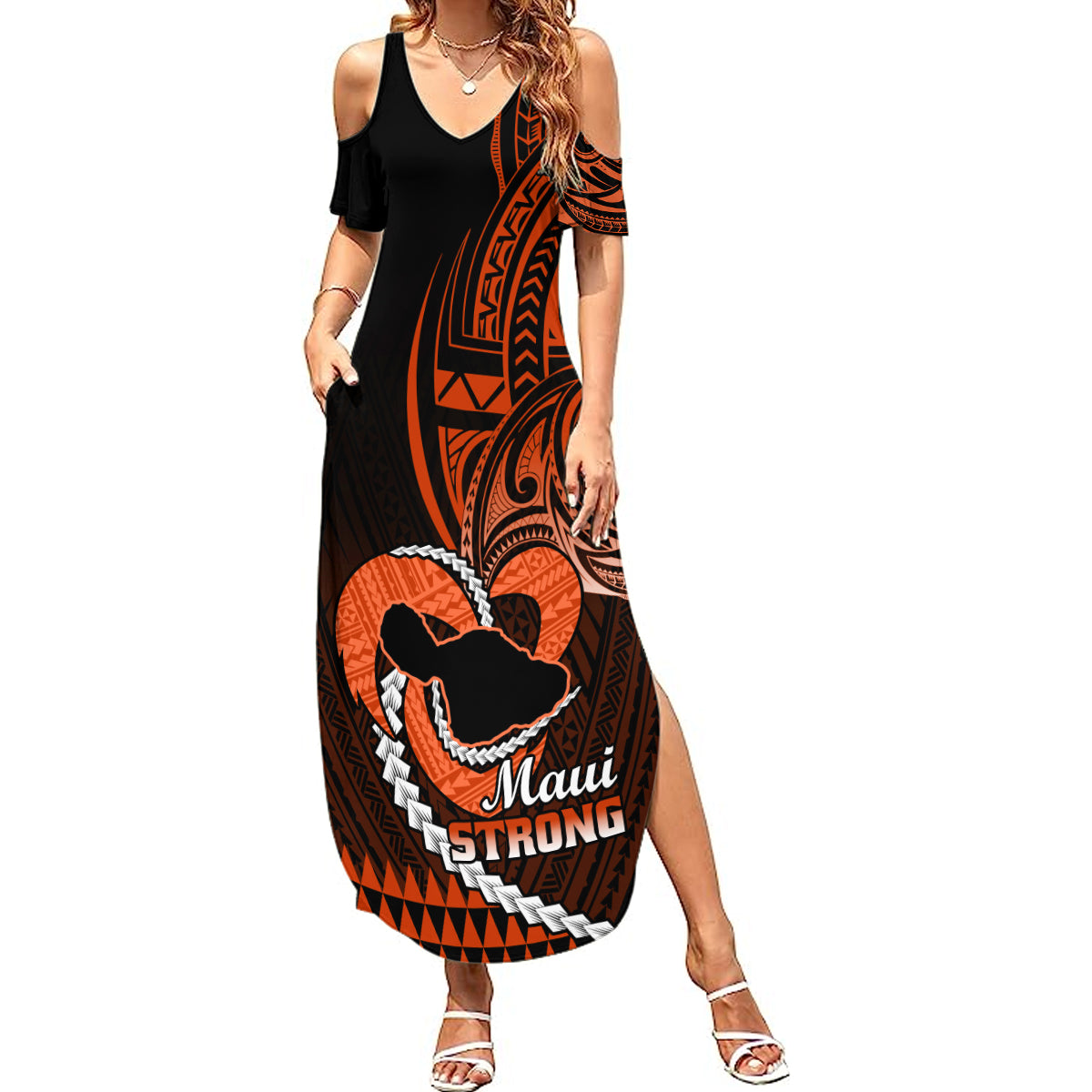 Personalised Hawaii Summer Maxi Dress Maui Be Strong Kakau Orange Version LT01 Women Orange - Polynesian Pride