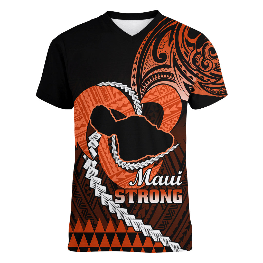 Personalised Hawaii Women V Neck T Shirt Maui Be Strong Kakau Orange Version LT01 Female Orange - Polynesian Pride